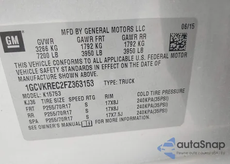 2015 Chevrolet Silverado 1500 1Lt из США, поврежденный, VIN 1GCVKREC2FZ363153